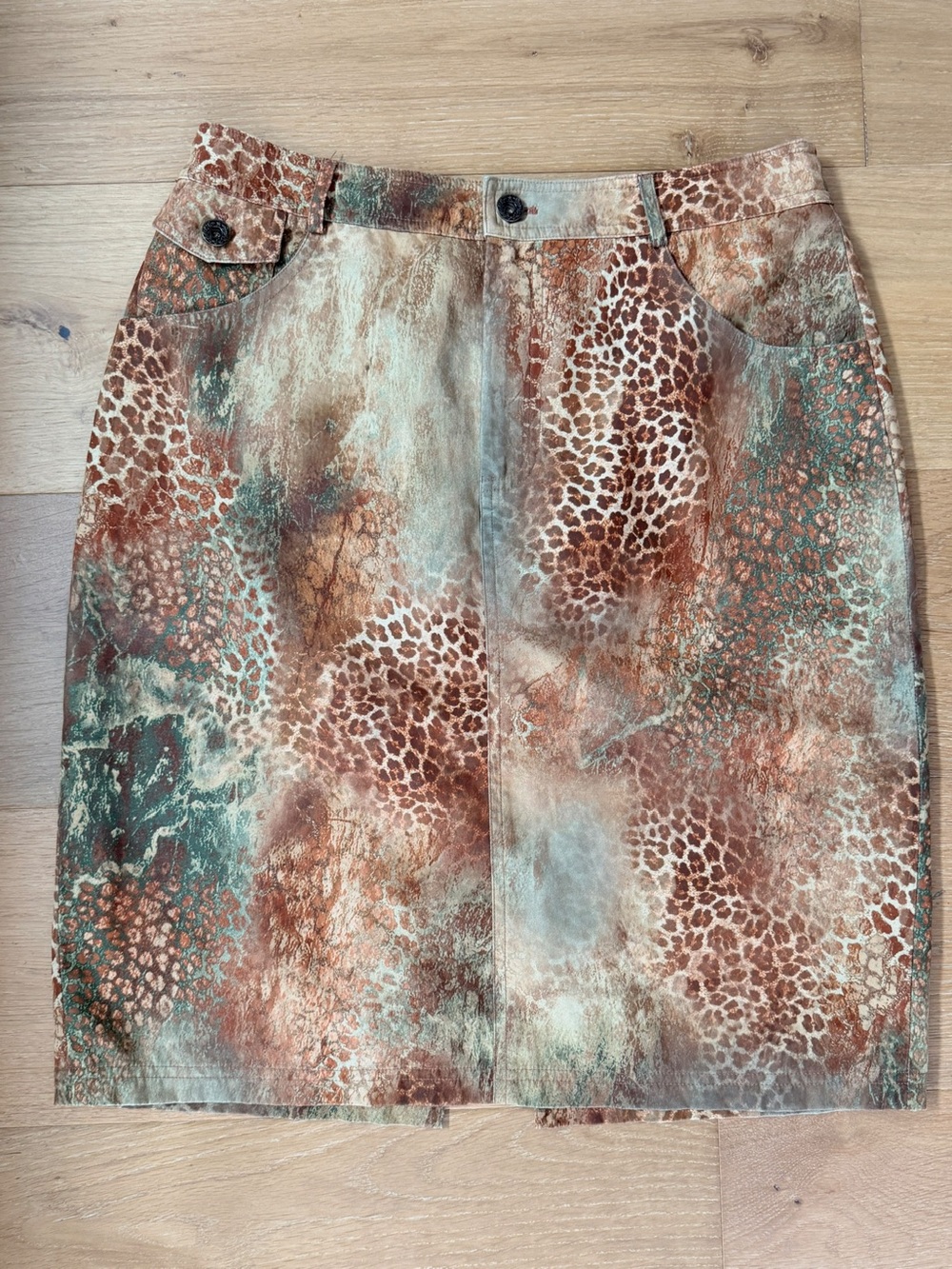 VTG Andre Oliver Animal Print Pencil Skirt Earth Tone Leopard Brown Sage Sz 8